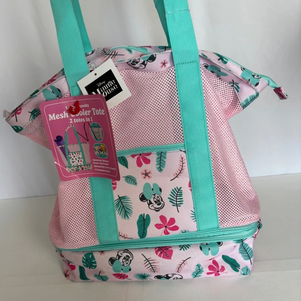 Disney Minnie Mouse Mesh Cooler Tote 2 in 1 Pink Tropical Beach Bag New
